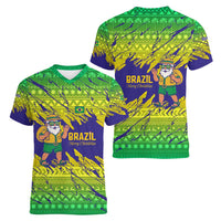 Brazil Christmas Women V-Neck T-Shirt with Tropical Santa Tribal Pattern National Colors and Merry Christmas Text Design - Wonder Print Shop