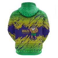 Brazil Christmas Zip Hoodie with Tropical Santa Tribal Pattern National Colors and Merry Christmas Text Design - Wonder Print Shop