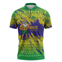 Brazil Christmas Zipper Polo Shirt with Tropical Santa Tribal Pattern National Colors and Merry Christmas Text Design - Wonder Print Shop