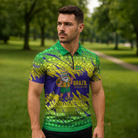 Brazil Christmas Zipper Polo Shirt with Tropical Santa Tribal Pattern National Colors and Merry Christmas Text Design - Wonder Print Shop