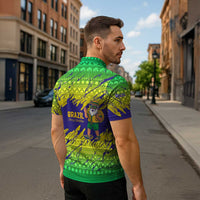 Brazil Christmas Zipper Polo Shirt with Tropical Santa Tribal Pattern National Colors and Merry Christmas Text Design - Wonder Print Shop