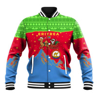 Eritrea Christmas Baseball Jacket with Santa Claus Camel Sleigh National Emblem and Red Green Blue Pattern - Wonder Print Shop