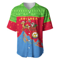 Eritrea Christmas Baseball Jersey with Santa Claus Camel Sleigh National Emblem and Red Green Blue Pattern - Wonder Print Shop