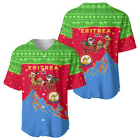 Eritrea Christmas Baseball Jersey with Santa Claus Camel Sleigh National Emblem and Red Green Blue Pattern - Wonder Print Shop