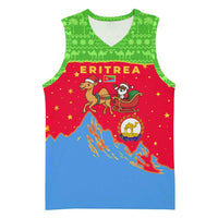 Eritrea Christmas Basketball Jersey with Santa Claus Camel Sleigh National Emblem and Red Green Blue Pattern - Wonder Print Shop