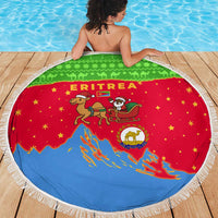 Eritrea Christmas Beach Blanket with Santa Claus Camel Sleigh National Emblem and Red Green Blue Pattern - Wonder Print Shop