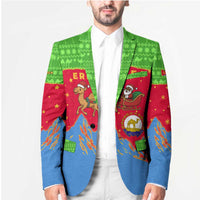 Eritrea Christmas Blazer with Santa Claus Camel Sleigh National Emblem and Red Green Blue Pattern - Wonder Print Shop