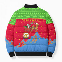 Eritrea Christmas Bomber Puffer Jacket with Santa Claus Camel Sleigh National Emblem and Red Green Blue Pattern - Wonder Print Shop