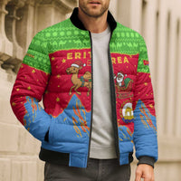 Eritrea Christmas Bomber Puffer Jacket with Santa Claus Camel Sleigh National Emblem and Red Green Blue Pattern - Wonder Print Shop