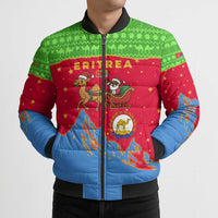 Eritrea Christmas Bomber Puffer Jacket with Santa Claus Camel Sleigh National Emblem and Red Green Blue Pattern - Wonder Print Shop