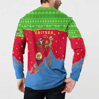 Eritrea Christmas Button Sweatshirt with Santa Claus Camel Sleigh National Emblem and Red Green Blue Pattern - Wonder Print Shop