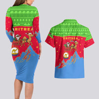 Eritrea Christmas Couples Matching Long Sleeve Bodycon Dress and Hawaiian Shirt with Santa Claus Camel Sleigh National Emblem and Red Green Blue Pattern - Wonder Print Shop