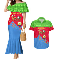 Eritrea Christmas Couples Matching Mermaid Dress and Hawaiian Shirt with Santa Claus Camel Sleigh National Emblem and Red Green Blue Pattern - Wonder Print Shop