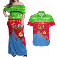Eritrea Christmas Couples Matching Off Shoulder Maxi Dress and Hawaiian Shirt with Santa Claus Camel Sleigh National Emblem and Red Green Blue Pattern - Wonder Print Shop