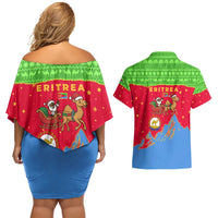 Eritrea Christmas Couples Matching Off Shoulder Short Dress and Hawaiian Shirt with Santa Claus Camel Sleigh National Emblem and Red Green Blue Pattern - Wonder Print Shop