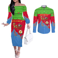 Eritrea Christmas Couples Matching Off The Shoulder Long Sleeve Dress and Long Sleeve Button Shirt with Santa Claus Camel Sleigh National Emblem and Red Green Blue Pattern - Wonder Print Shop