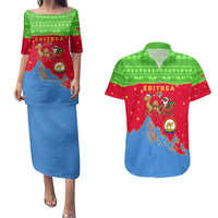 Eritrea Christmas Couples Matching Puletasi and Hawaiian Shirt with Santa Claus Camel Sleigh National Emblem and Red Green Blue Pattern - Wonder Print Shop