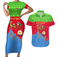 Eritrea Christmas Couples Matching Short Sleeve Bodycon Dress and Hawaiian Shirt with Santa Claus Camel Sleigh National Emblem and Red Green Blue Pattern - Wonder Print Shop