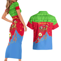 Eritrea Christmas Couples Matching Short Sleeve Bodycon Dress and Hawaiian Shirt with Santa Claus Camel Sleigh National Emblem and Red Green Blue Pattern - Wonder Print Shop
