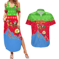 Eritrea Christmas Couples Matching Summer Maxi Dress and Hawaiian Shirt with Santa Claus Camel Sleigh National Emblem and Red Green Blue Pattern - Wonder Print Shop
