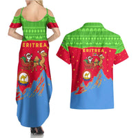 Eritrea Christmas Couples Matching Summer Maxi Dress and Hawaiian Shirt with Santa Claus Camel Sleigh National Emblem and Red Green Blue Pattern - Wonder Print Shop