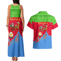 Eritrea Christmas Couples Matching Tank Maxi Dress and Hawaiian Shirt with Santa Claus Camel Sleigh National Emblem and Red Green Blue Pattern - Wonder Print Shop