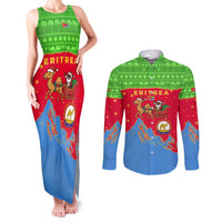 Eritrea Christmas Couples Matching Tank Maxi Dress and Long Sleeve Button Shirt with Santa Claus Camel Sleigh National Emblem and Red Green Blue Pattern - Wonder Print Shop