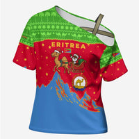 Eritrea Christmas Cross Shoulder Shirt with Santa Claus Camel Sleigh National Emblem and Red Green Blue Pattern - Wonder Print Shop