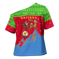 Eritrea Christmas Cross Shoulder Shirt with Santa Claus Camel Sleigh National Emblem and Red Green Blue Pattern - Wonder Print Shop