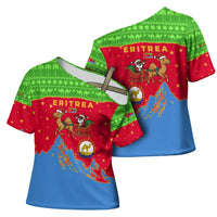 Eritrea Christmas Cross Shoulder Shirt with Santa Claus Camel Sleigh National Emblem and Red Green Blue Pattern - Wonder Print Shop