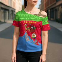 Eritrea Christmas Cross Shoulder Shirt with Santa Claus Camel Sleigh National Emblem and Red Green Blue Pattern - Wonder Print Shop