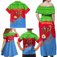 Eritrea Christmas Family Matching Off Shoulder Maxi Dress and Hawaiian Shirt with Santa Claus Camel Sleigh National Emblem and Red Green Blue Pattern - Wonder Print Shop