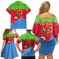 Eritrea Christmas Family Matching Off Shoulder Short Dress and Hawaiian Shirt with Santa Claus Camel Sleigh National Emblem and Red Green Blue Pattern - Wonder Print Shop