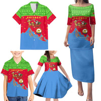 Eritrea Christmas Family Matching Puletasi and Hawaiian Shirt with Santa Claus Camel Sleigh National Emblem and Red Green Blue Pattern - Wonder Print Shop
