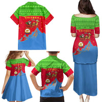 Eritrea Christmas Family Matching Puletasi and Hawaiian Shirt with Santa Claus Camel Sleigh National Emblem and Red Green Blue Pattern - Wonder Print Shop