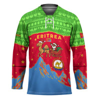 Eritrea Christmas Hockey Jersey with Santa Claus Camel Sleigh National Emblem and Red Green Blue Pattern - Wonder Print Shop