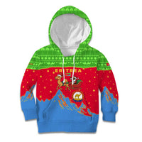 Eritrea Christmas Kid Hoodie with Santa Claus Camel Sleigh National Emblem and Red Green Blue Pattern - Wonder Print Shop