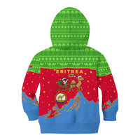 Eritrea Christmas Kid Hoodie with Santa Claus Camel Sleigh National Emblem and Red Green Blue Pattern - Wonder Print Shop