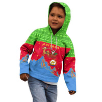 Eritrea Christmas Kid Hoodie with Santa Claus Camel Sleigh National Emblem and Red Green Blue Pattern - Wonder Print Shop