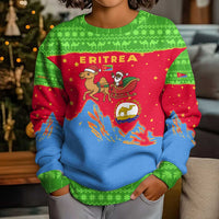 Eritrea Christmas Kid Ugly Christmas Sweater with Santa Claus Camel Sleigh National Emblem and Red Green Blue Pattern - Wonder Print Shop