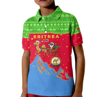 Eritrea Christmas Kid Polo Shirt with Santa Claus Camel Sleigh National Emblem and Red Green Blue Pattern - Wonder Print Shop