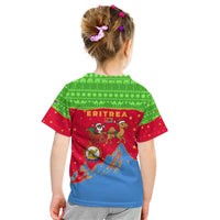 Eritrea Christmas Kid T Shirt with Santa Claus Camel Sleigh National Emblem and Red Green Blue Pattern - Wonder Print Shop