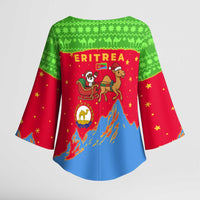Eritrea Christmas Kimono Sleeve Blouse with Santa Claus Camel Sleigh National Emblem and Red Green Blue Pattern - Wonder Print Shop