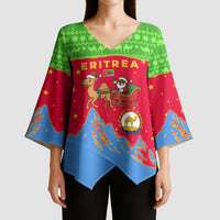Eritrea Christmas Kimono Sleeve Blouse with Santa Claus Camel Sleigh National Emblem and Red Green Blue Pattern - Wonder Print Shop