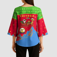 Eritrea Christmas Kimono Sleeve Blouse with Santa Claus Camel Sleigh National Emblem and Red Green Blue Pattern - Wonder Print Shop