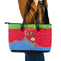 Eritrea Christmas Leather Tote Bag with Santa Claus Camel Sleigh National Emblem and Red Green Blue Pattern - Wonder Print Shop
