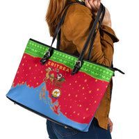 Eritrea Christmas Leather Tote Bag with Santa Claus Camel Sleigh National Emblem and Red Green Blue Pattern - Wonder Print Shop