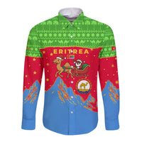 Eritrea Christmas Long Sleeve Button Shirt with Santa Claus Camel Sleigh National Emblem and Red Green Blue Pattern - Wonder Print Shop