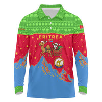 Eritrea Christmas Long Sleeve Polo Shirt with Santa Claus Camel Sleigh National Emblem and Red Green Blue Pattern - Wonder Print Shop