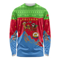 Eritrea Christmas Long Sleeve Shirt with Santa Claus Camel Sleigh National Emblem and Red Green Blue Pattern - Wonder Print Shop